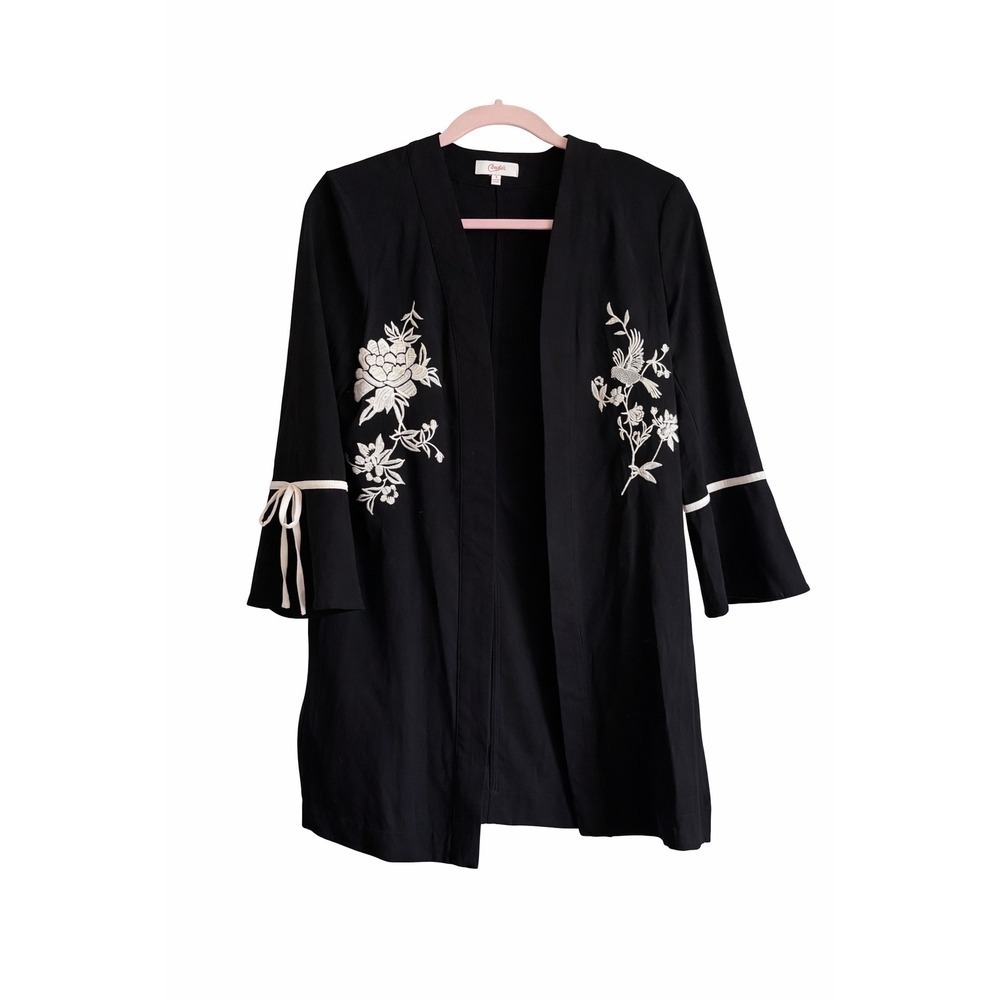 Candie's Black Embroidered Open Front Kimono Jacket Size Small